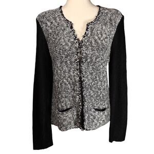 Donna Karan NY Black and White Knit Cardigan Boucle Tweed Sweater Medium